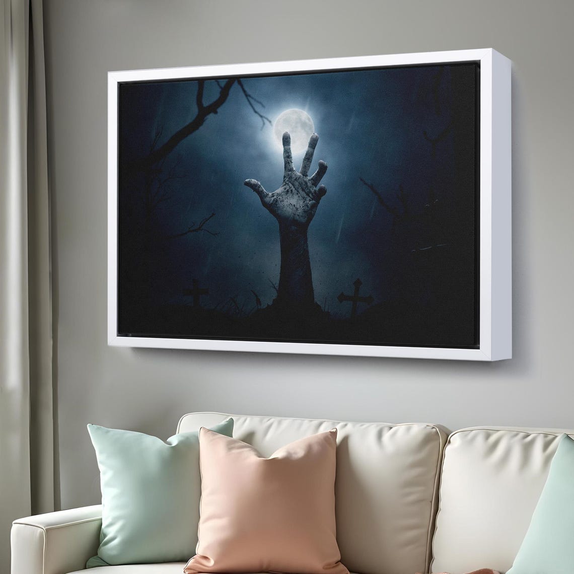 Zombie Hand Rising From Grave Moonlit Cemetery Halloween Art Poster - Image 3