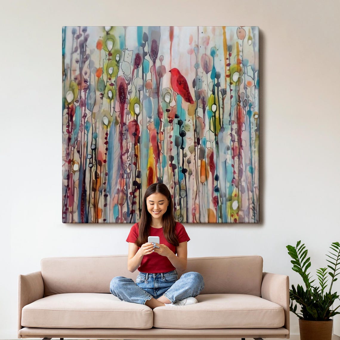 Colorful Abstract Watercolor Rain Red Bird Silhouette Art Poster - Image 3