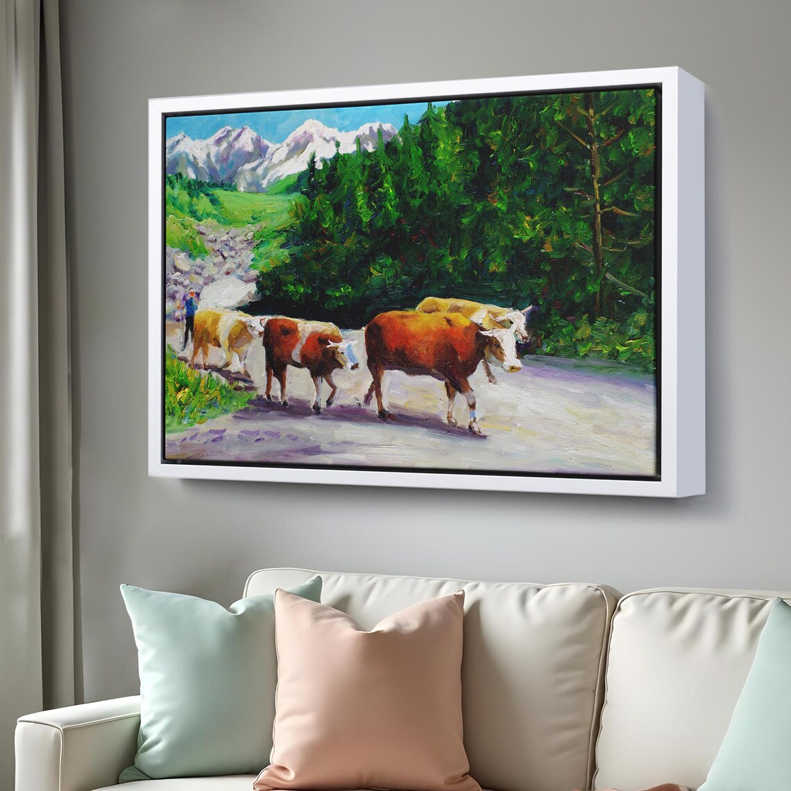 Alpine Cows Grazing Mountain Pasture Snow Peaks Oil Painting Poster - Image 3
