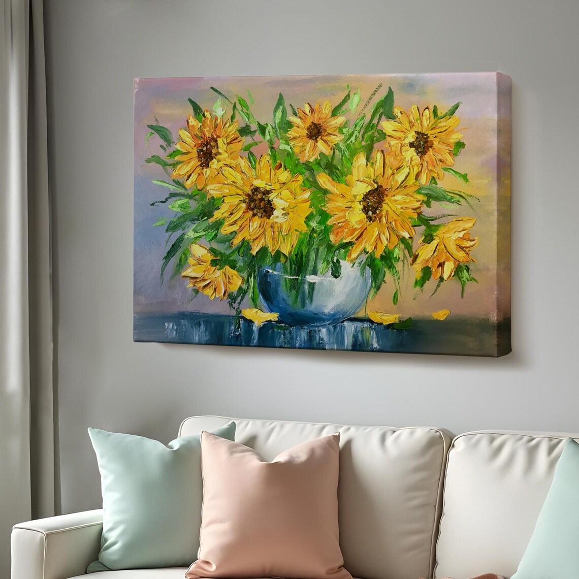 Sunflowers In Blue Glass Vase Bright Yellow Floral Still Life Poster