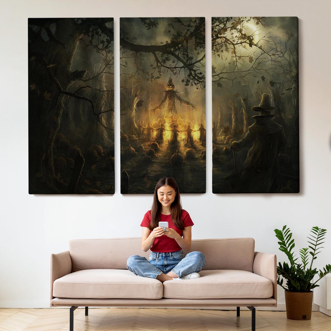 Haunted Scarecrow Halloween Night Dark Forest Pumpkins Art Poster - Image 2