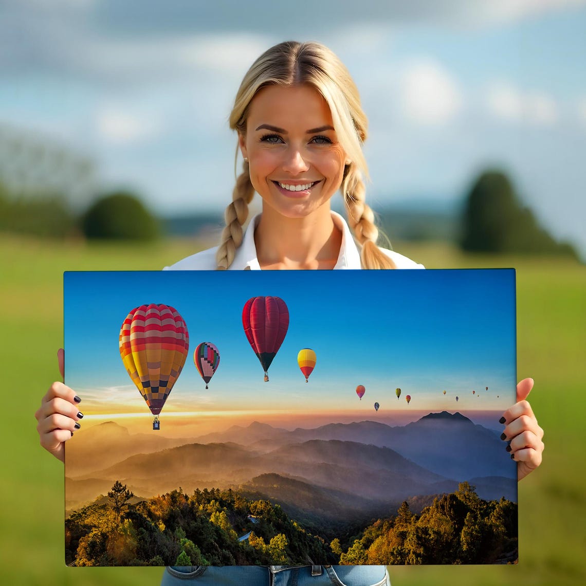 Hot Air Balloons Sunrise Misty Mountains Forest Valley View Poster - Image 5