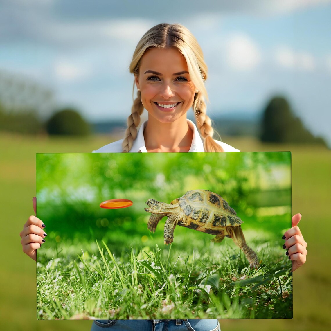 Funny Tortoise Jumping To Catch Orange Frisbee Green Grass Photo Poster - Image 5