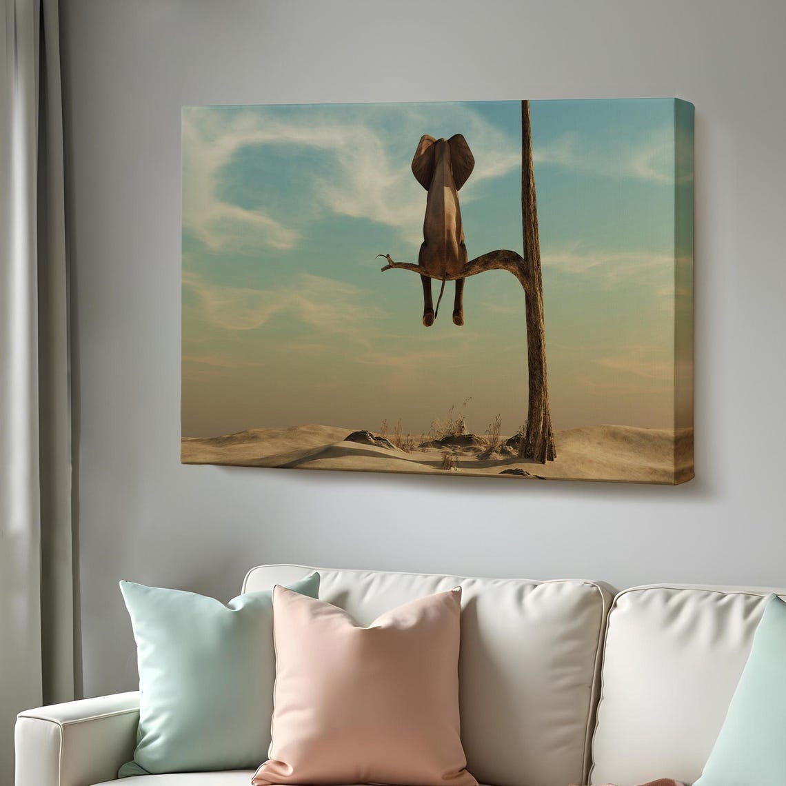 Elephant Sitting On Tree Branch Desert Surreal Funny Animal Wall Art
