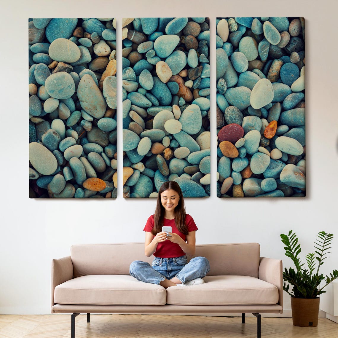 Smooth Sea Pebbles Teal Blue Gray Stones Coastal Texture Wall Art - Image 2