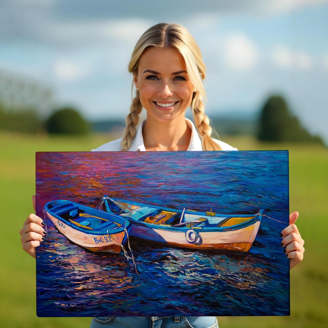 Two White Fishing Boats on Deep Blue Sea Sunset Reflection Art Poster - Image 5