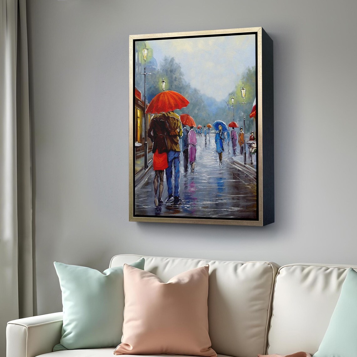 Romantic Couple Under Red Umbrella Rainy Paris Street Painting Poster - Image 4