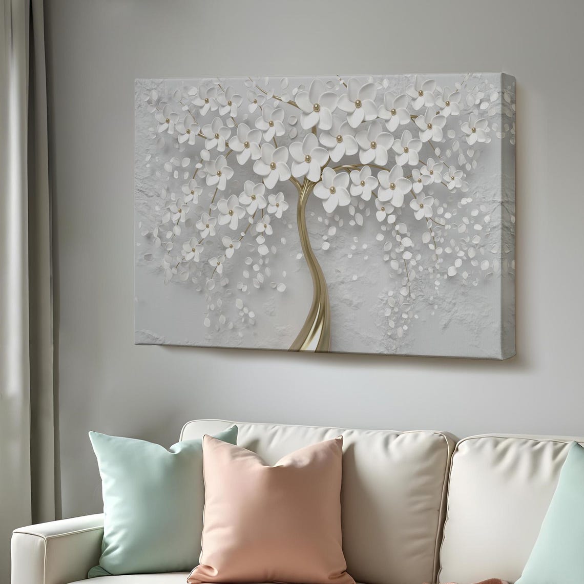 White Flower Tree Gold Trunk 3D Floral Elegant Modern Wall Art