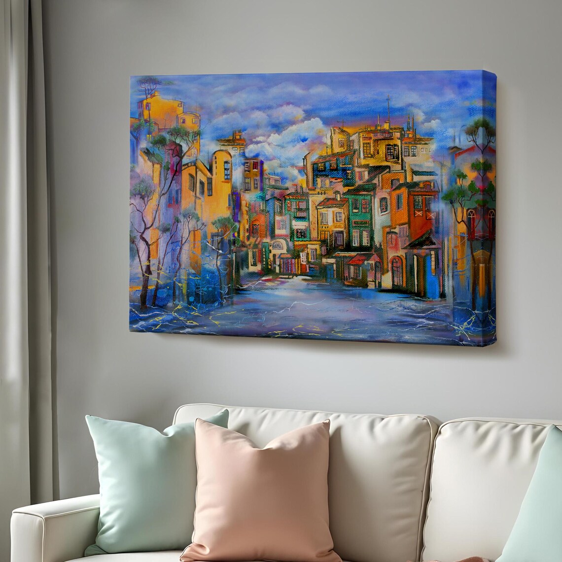 Colorful Old Town Street Crooked Houses Impressionist City Poster