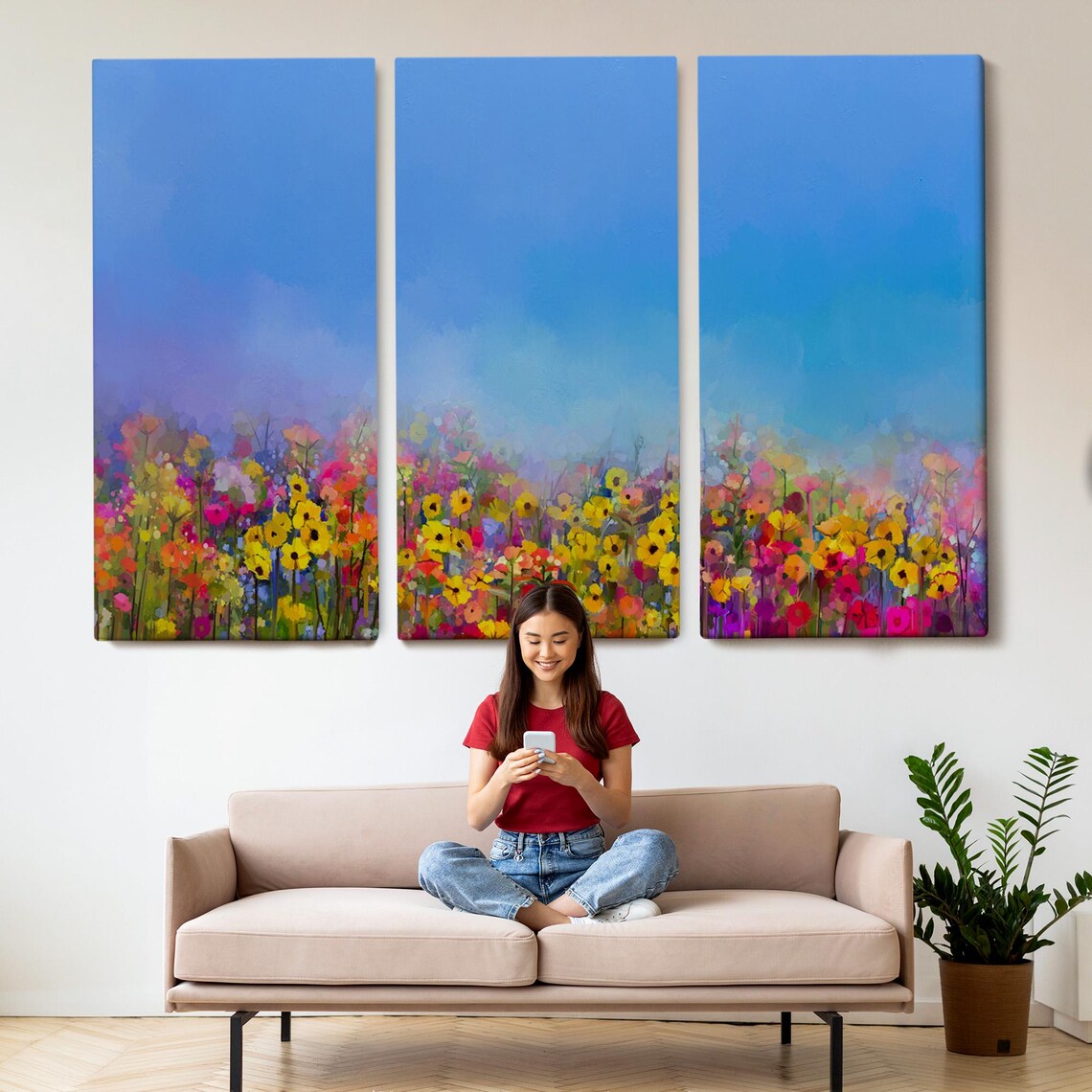Colorful Wildflower Meadow Blue Sky Impressionist Floral Art Poster - Image 2