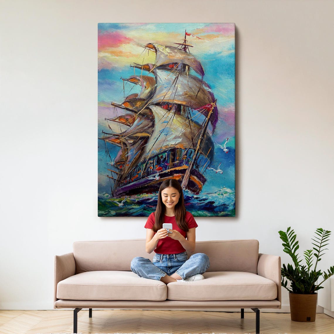 Majestic Tall Ship Full Sails Ocean Voyage Vintage Nautical Wall Art - Image 3