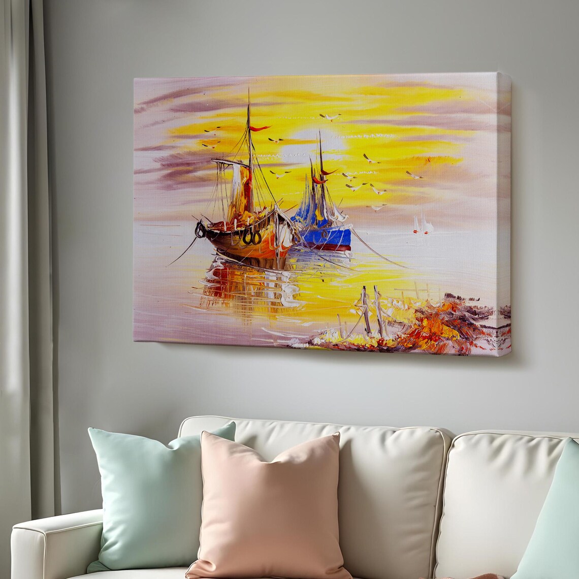 Two Sailboats At Golden Sunset Calm Sea Oil Painting Marine Wall Art