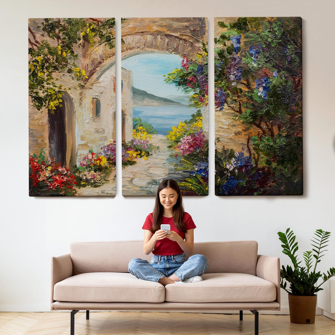 Mediterranean Stone Archway With Flowers Overlooking Sea View Poster - Image 2
