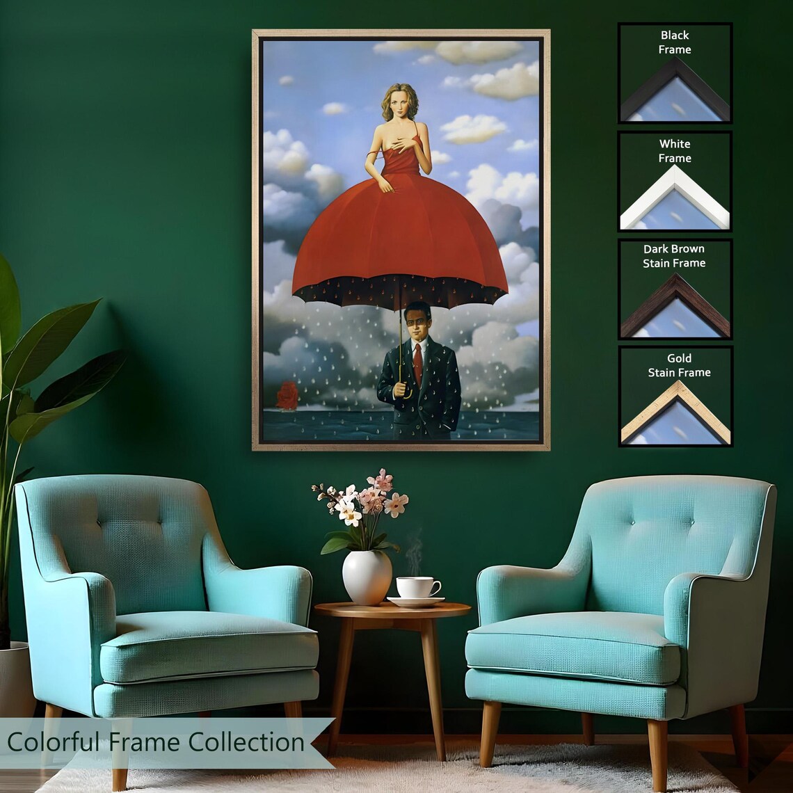 Surreal Woman Umbrella Dress Businessman Rain Dreamlike Canvas Wall Art - Image 2