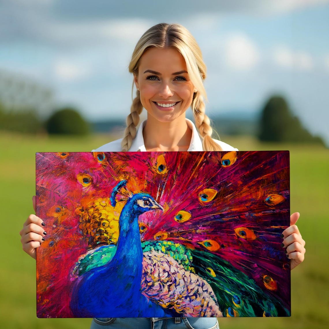 Colorful Peacock With Fanned Tail Vivid Oil Painting Bird Wall Art - Image 5