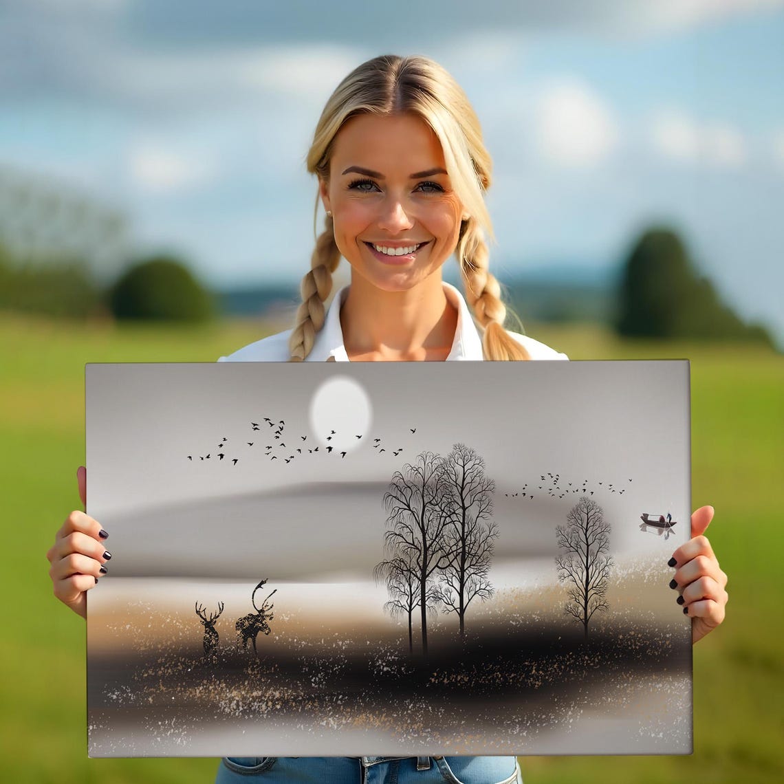 Golden Moonlit Forest Deer Silhouette Zen Lake Landscape Poster - Image 5