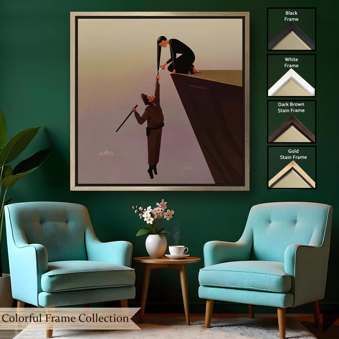 Woman Helping Man Climb Cliff Edge Conceptual Minimalist Art Poster - Image 2
