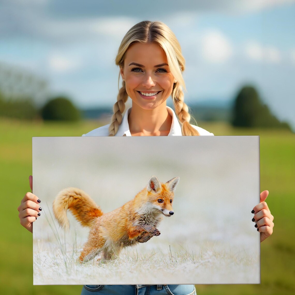 Playful Red Fox Cub Leaping Through Tall Meadow Grass Wildlife Photo Poster - Image 5