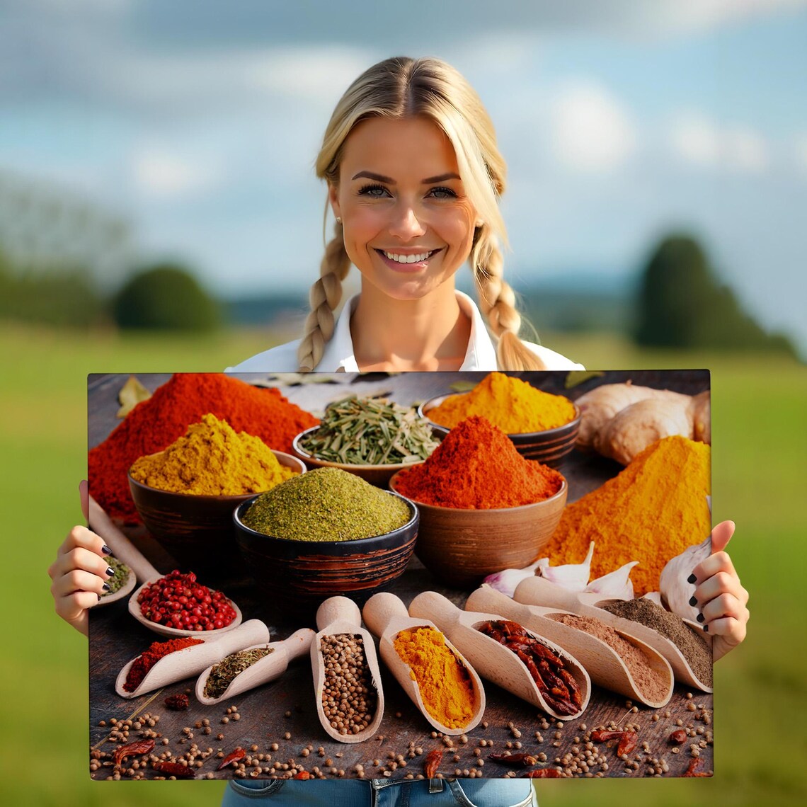 Vibrant Spice Market Bowls Paprika Turmeric Wooden Scoops Art Poster - Image 5