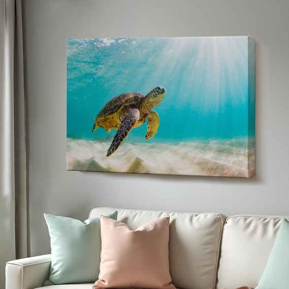 Sea Turtle Swimming Under Sunbeams Turquoise Ocean Underwater Wall Poster