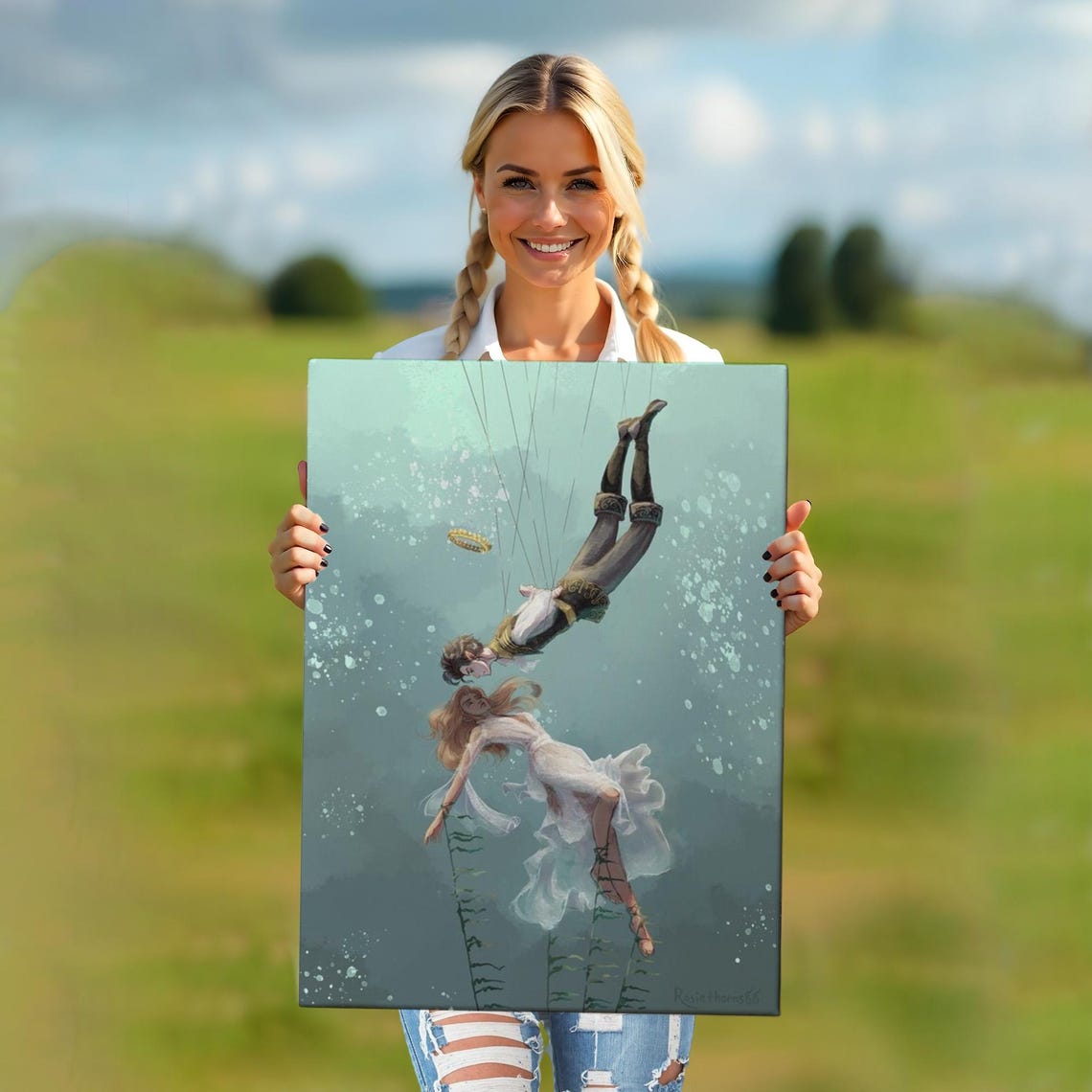 Underwater Lovers Reaching Out Dreamy Ocean Romance Fantasy Art Poster - Image 5