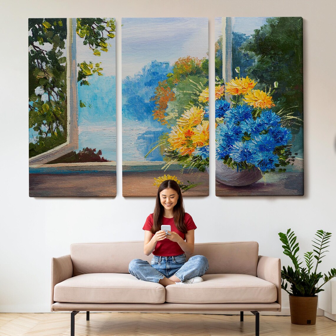 Flower Bouquet Blue Yellow Blossoms Window Sill Oil Painting Poster - Image 2