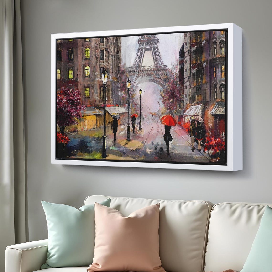 Paris Eiffel Tower Rainy Street Red Umbrellas Romantic City Poster - Image 3