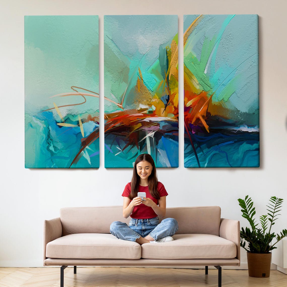 Abstract Teal Orange Brushstroke Burst Modern Canvas Wall Art - Image 2