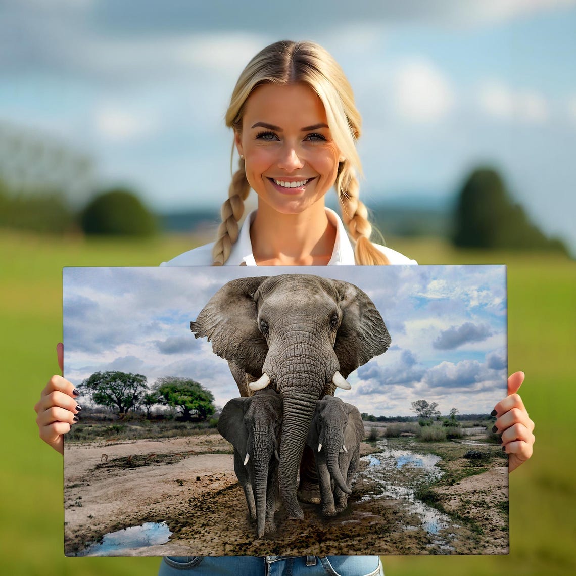 Mother Elephant With Two Calves Walking Safari Waterhole Photo Poster - Image 5