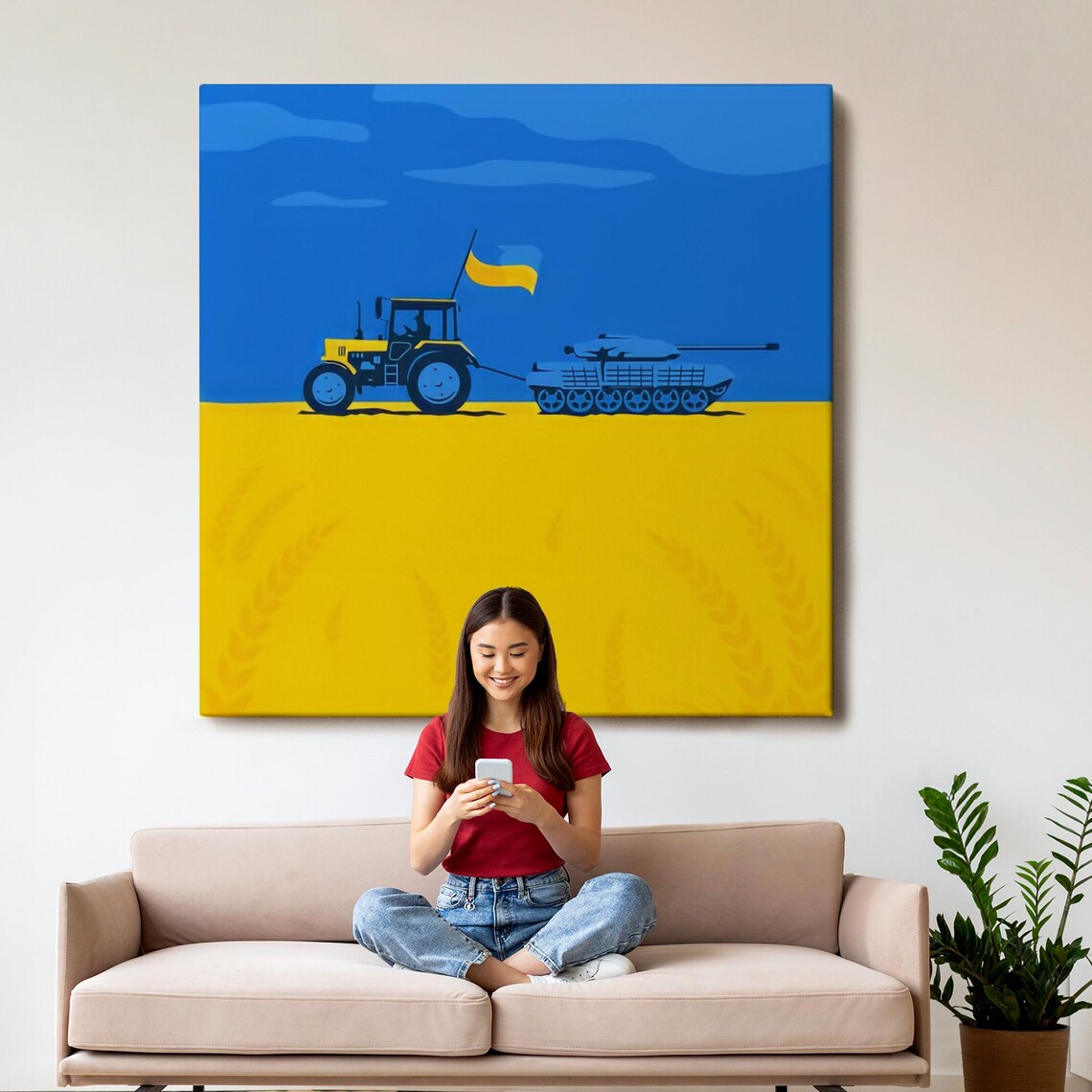 Ukrainian Tractor Towing Tank Patriotic Blue Yellow Art Poster - Image 3