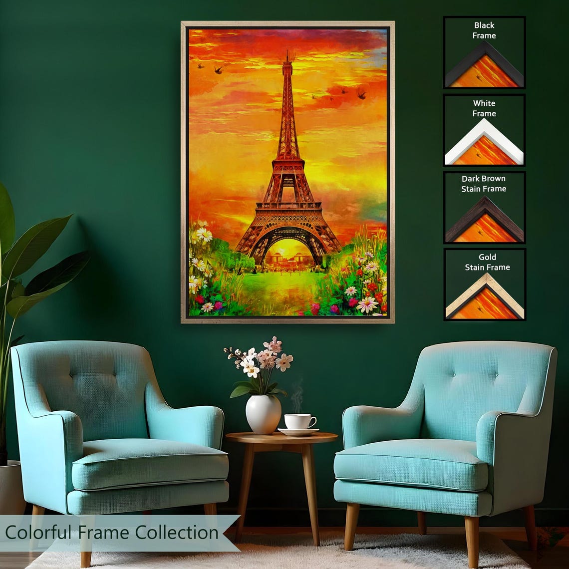 Eiffel Tower Sunset Fiery Orange Sky Flowers Paris Travel Poster - Image 2