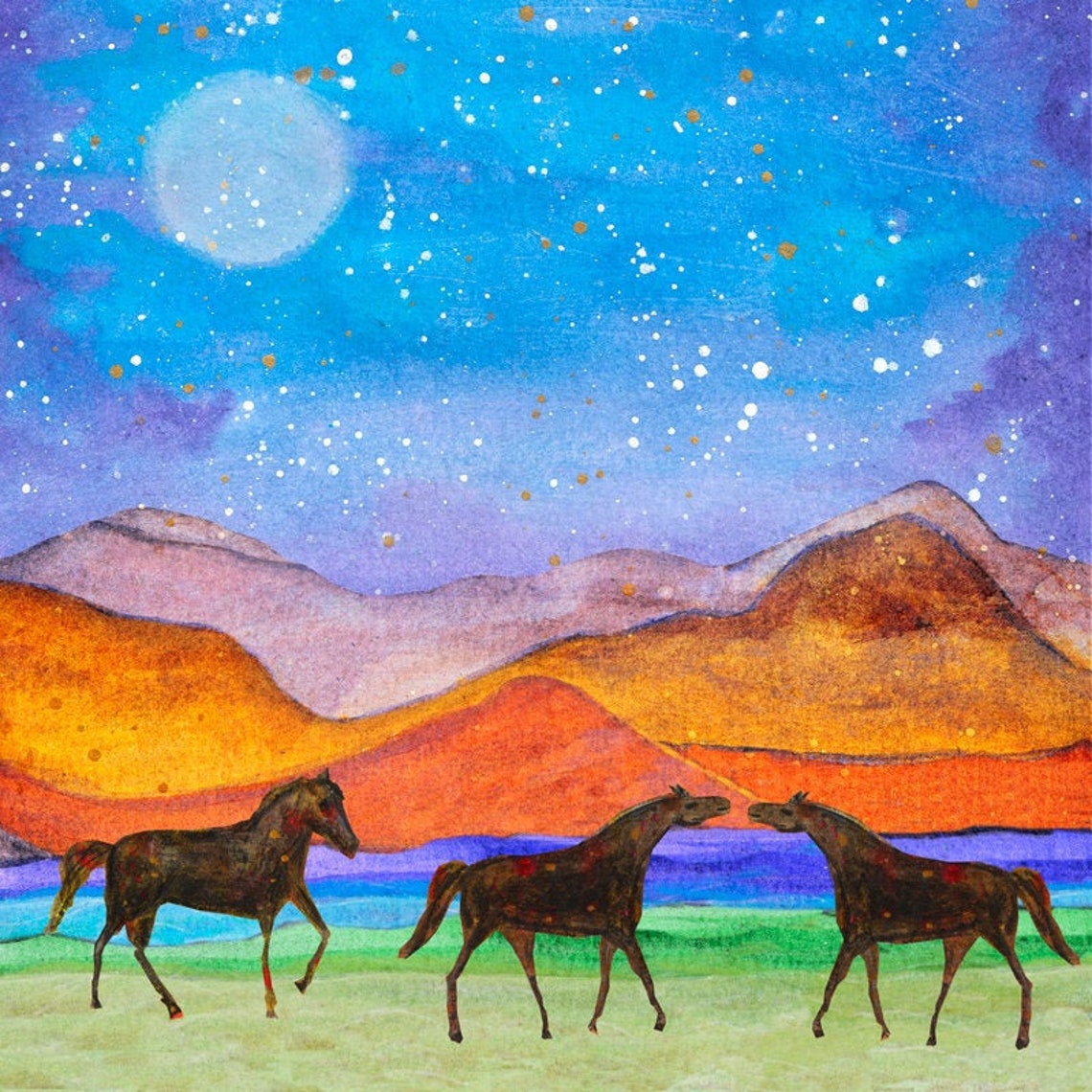 Three Wild Horses Under Moonlit Mountain Landscape Night Art Poster