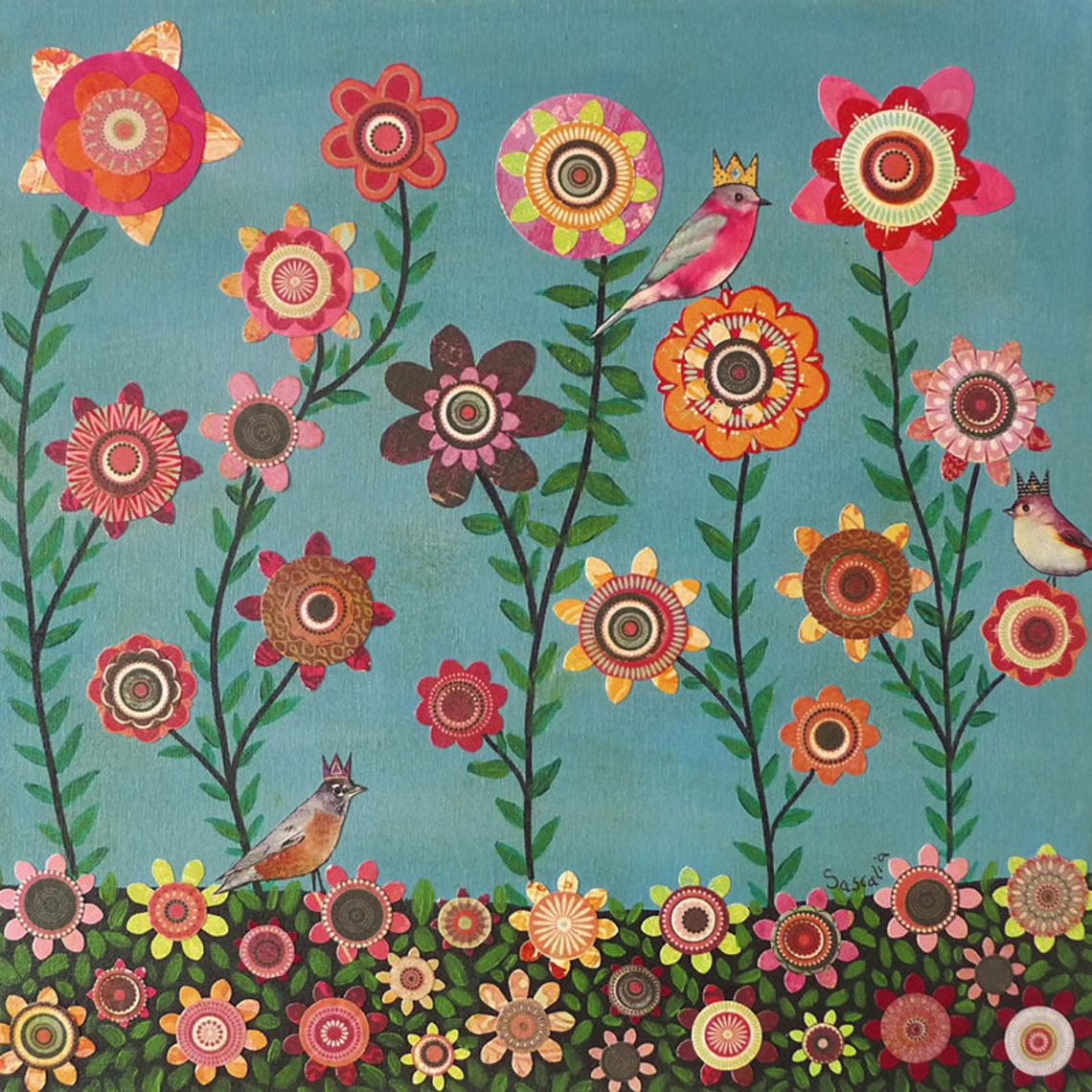 Tiny Crowned Birds Resting On Collage Flowers Teal Floral Poster