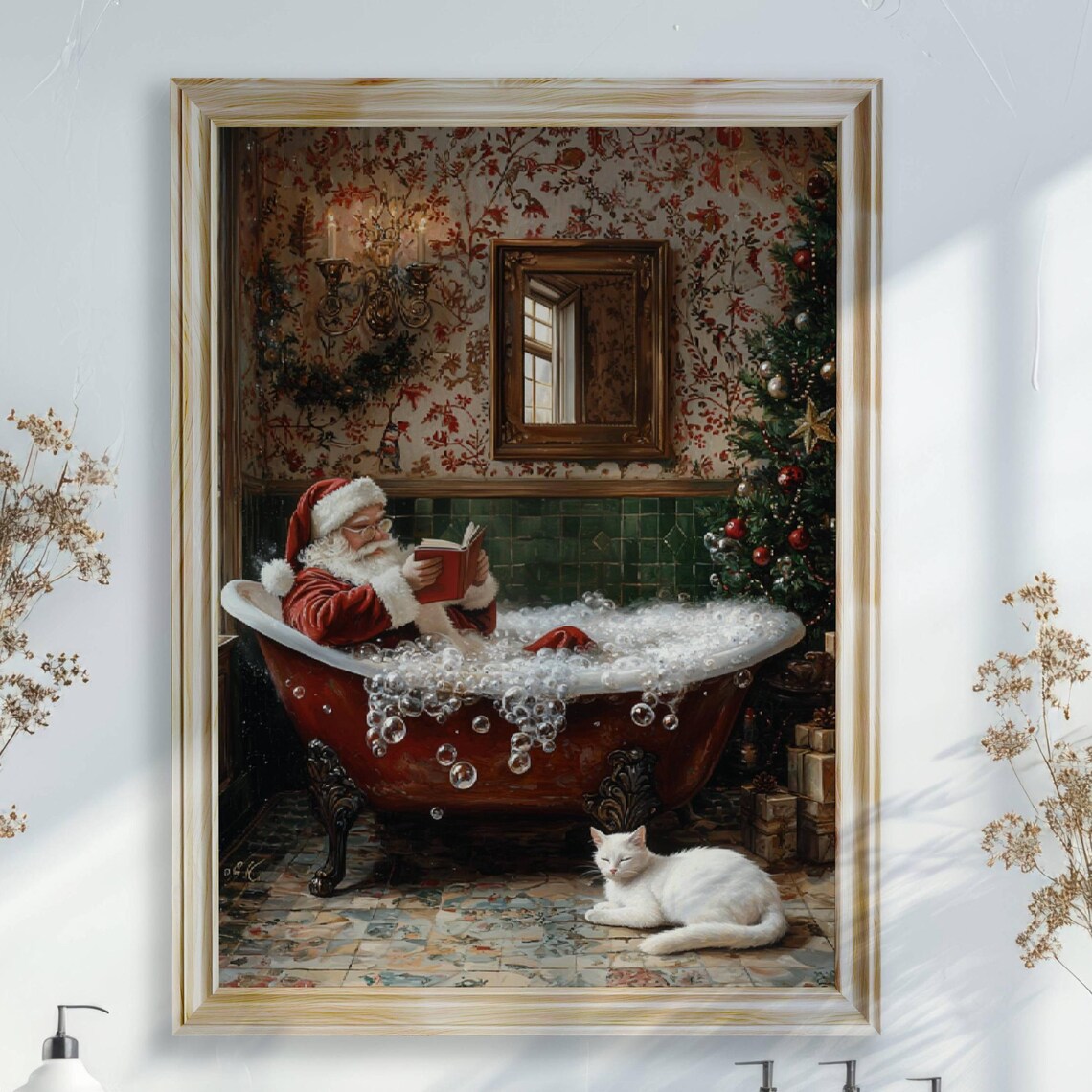 Santa Claus Reading in Bathtub Christmas Poster