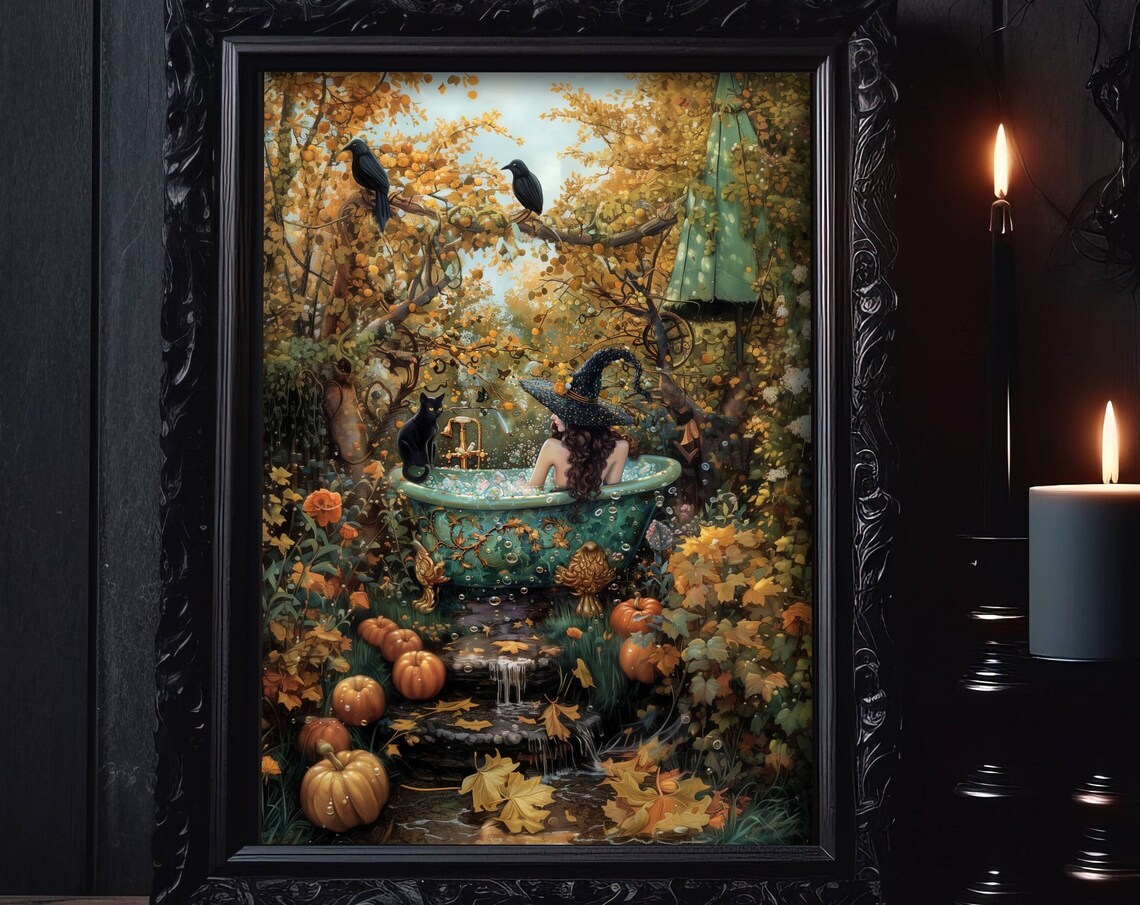 Witch In Bathtub Cat Art Print, Halloween Decor