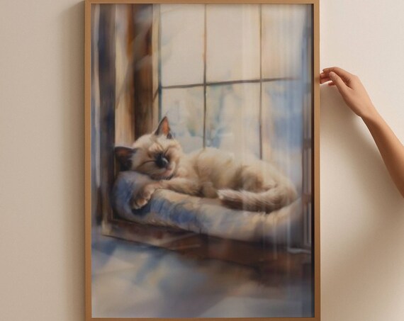 Sleeping Siamese Kitten In A Sunlit Window Watercolor Poster