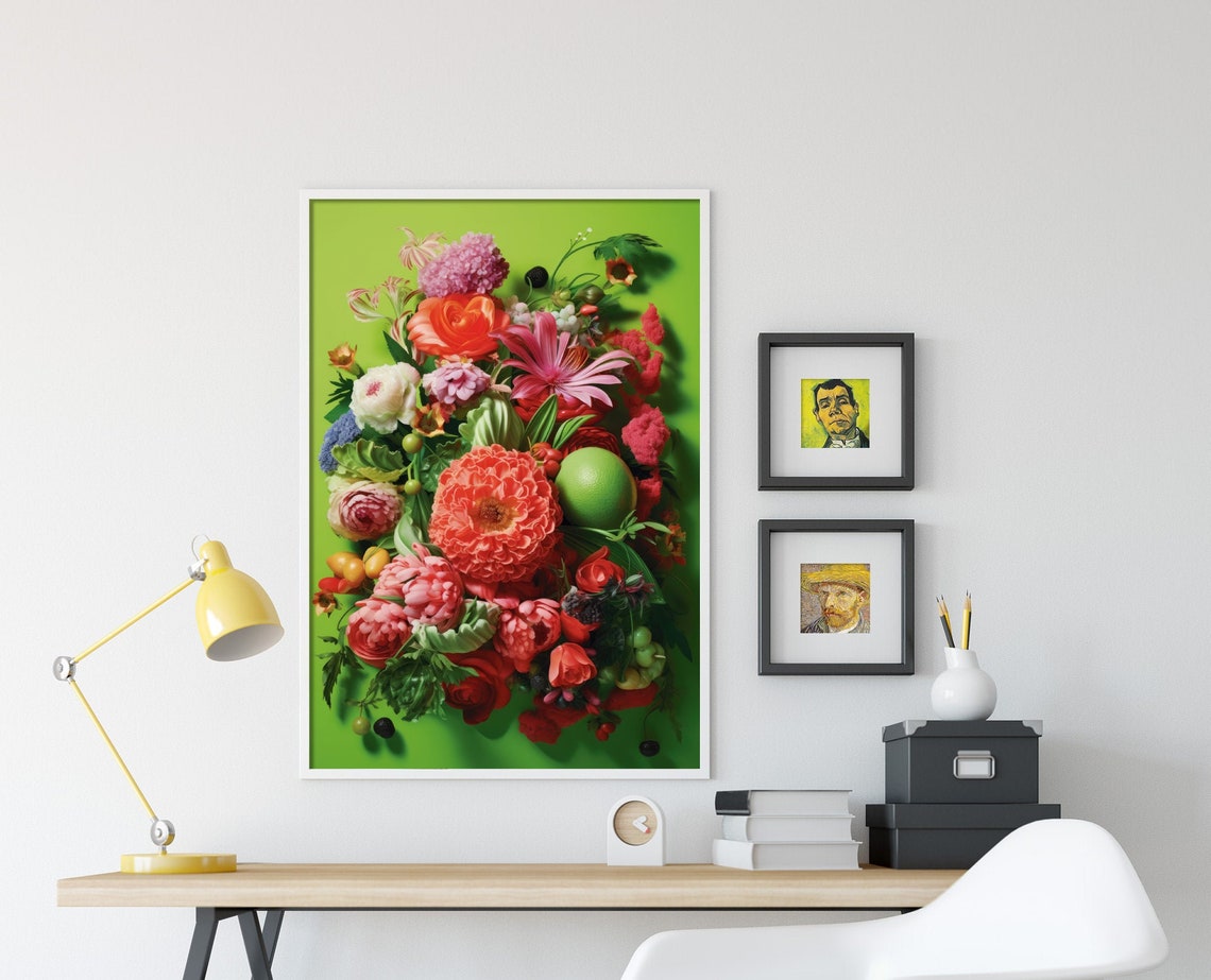 Pink Flower Bouquet Pop Art Bright Green Background Floral Poster - Image 4