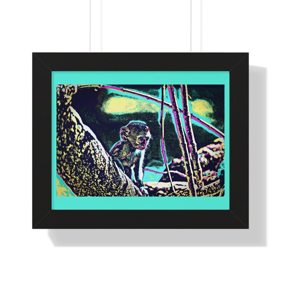 Playful Monkey on a Branch in Neon Pop Art Style Framed Poster