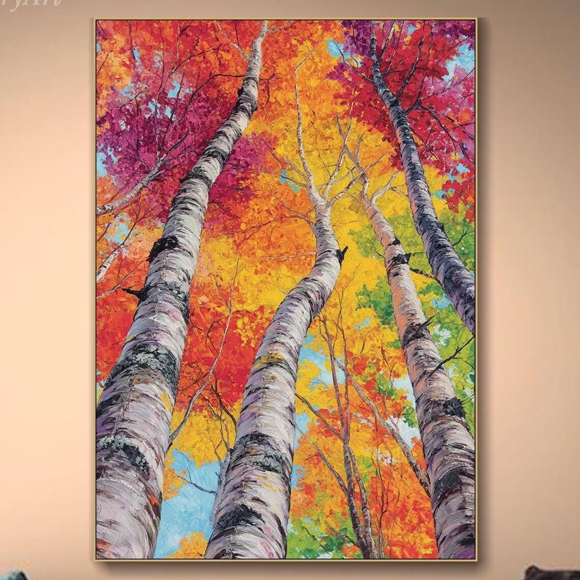 Towering Birch Trees With Fiery Autumn Canopy Oil Painting Poster