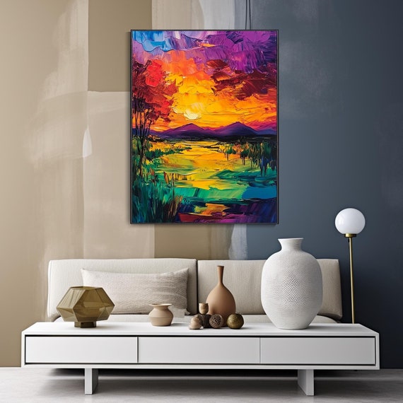 Original Lake Sunset Oil Painting Sky Evening Wall Art Sunrise Cloud Bedroom Rustic Decor Landscape Hanging Large Size Nature Scenery