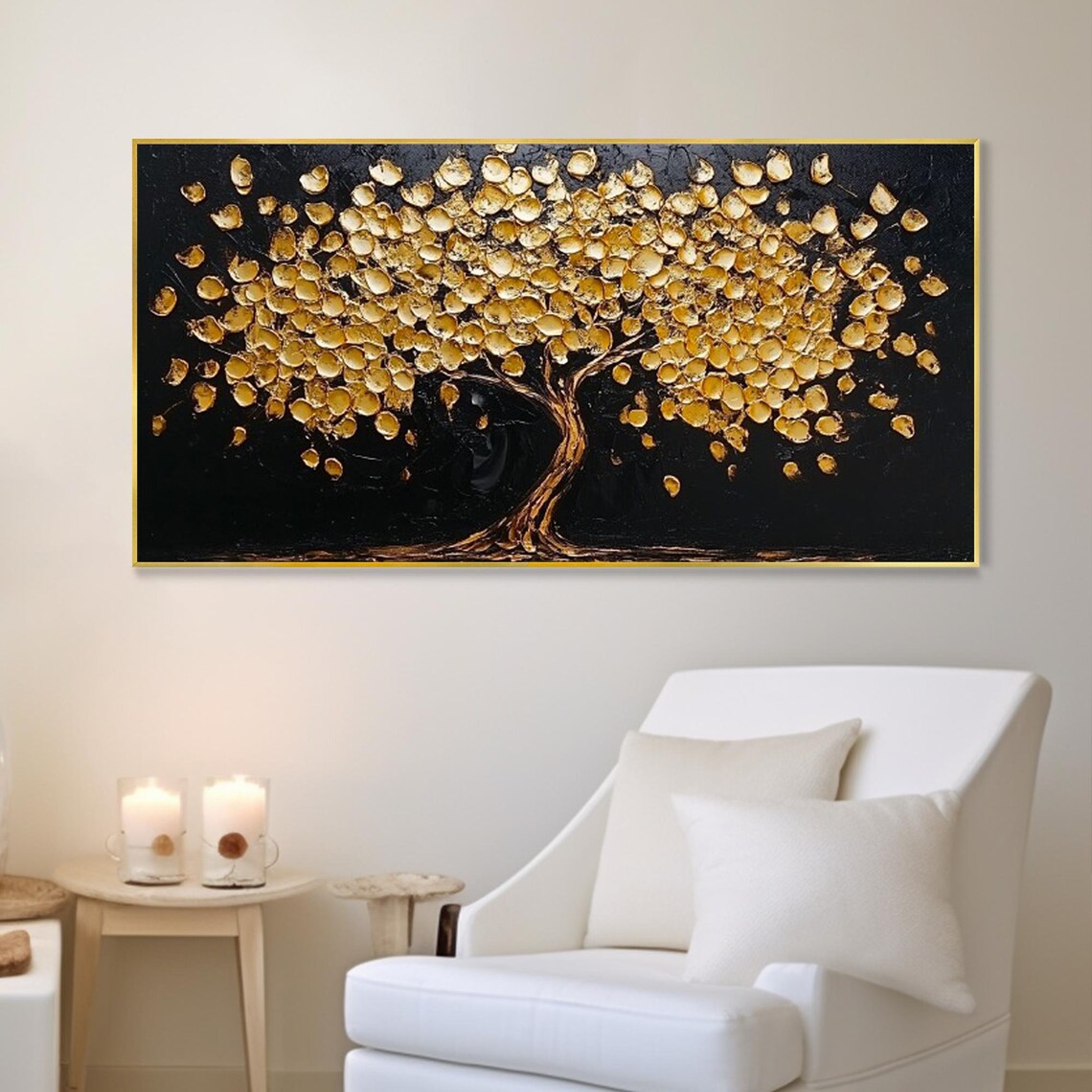 Gold Tree of Life Black Background Luxury Textured Oil Painting Poster