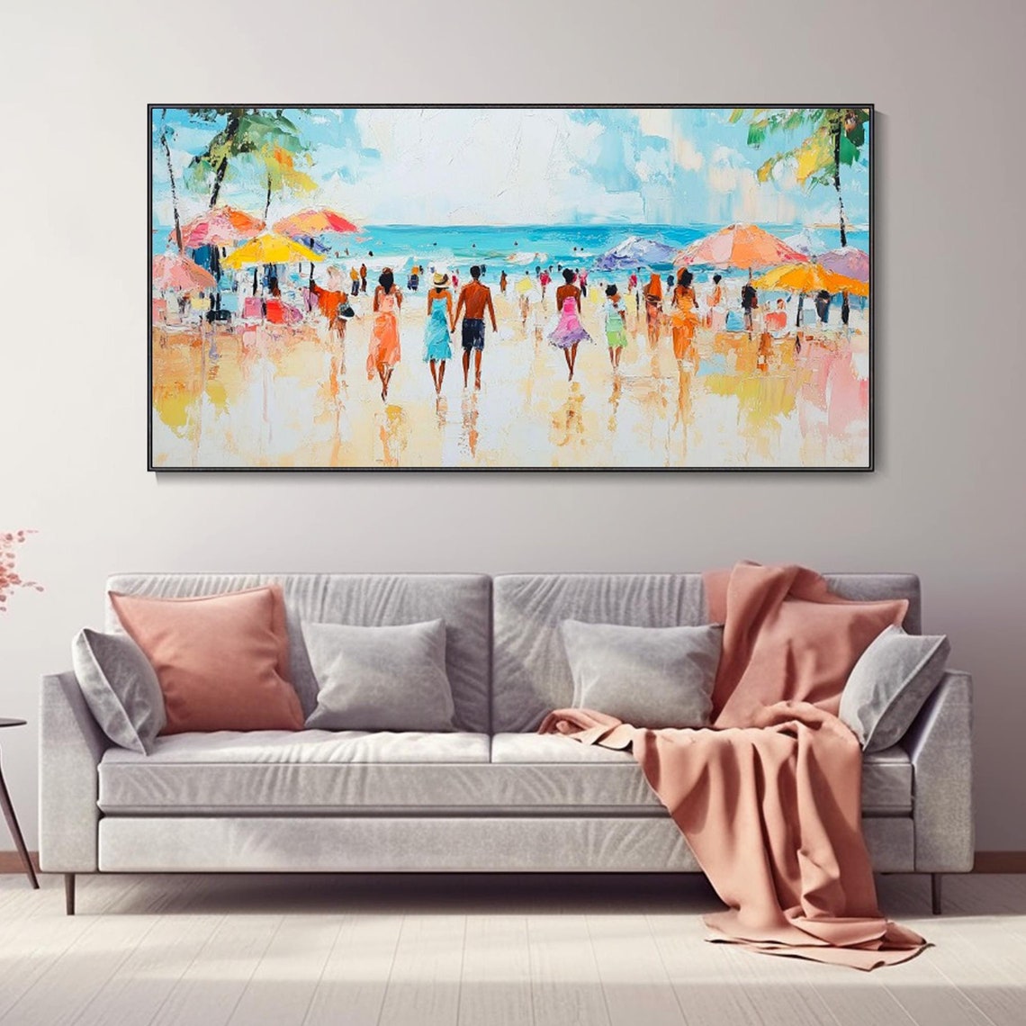 Sunny Beach Day People Umbrellas Ocean Pastel Summer Painting Poster