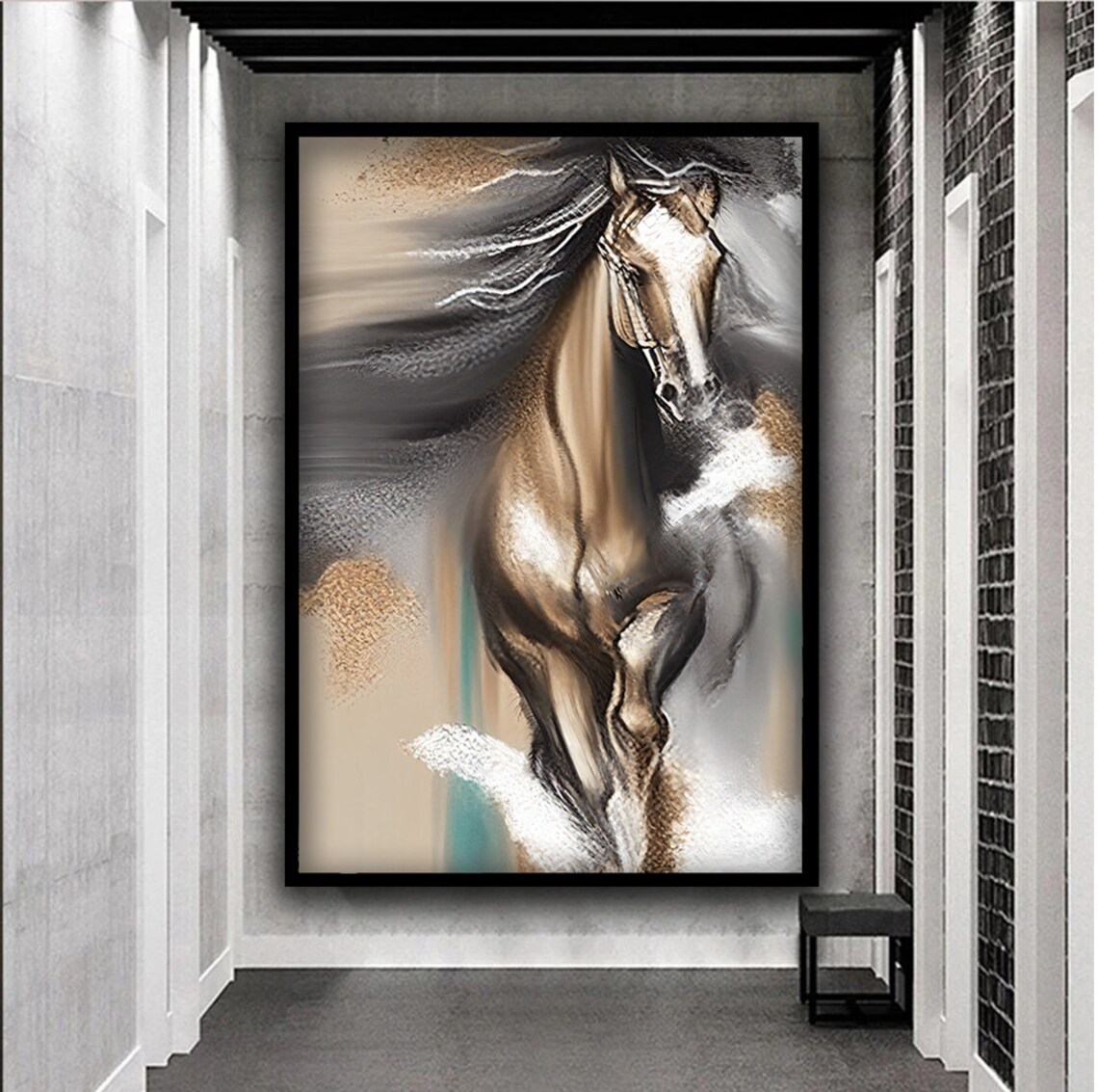 Golden Running Horse Abstract Wild Mane Equine Wall Art Poster - Image 4