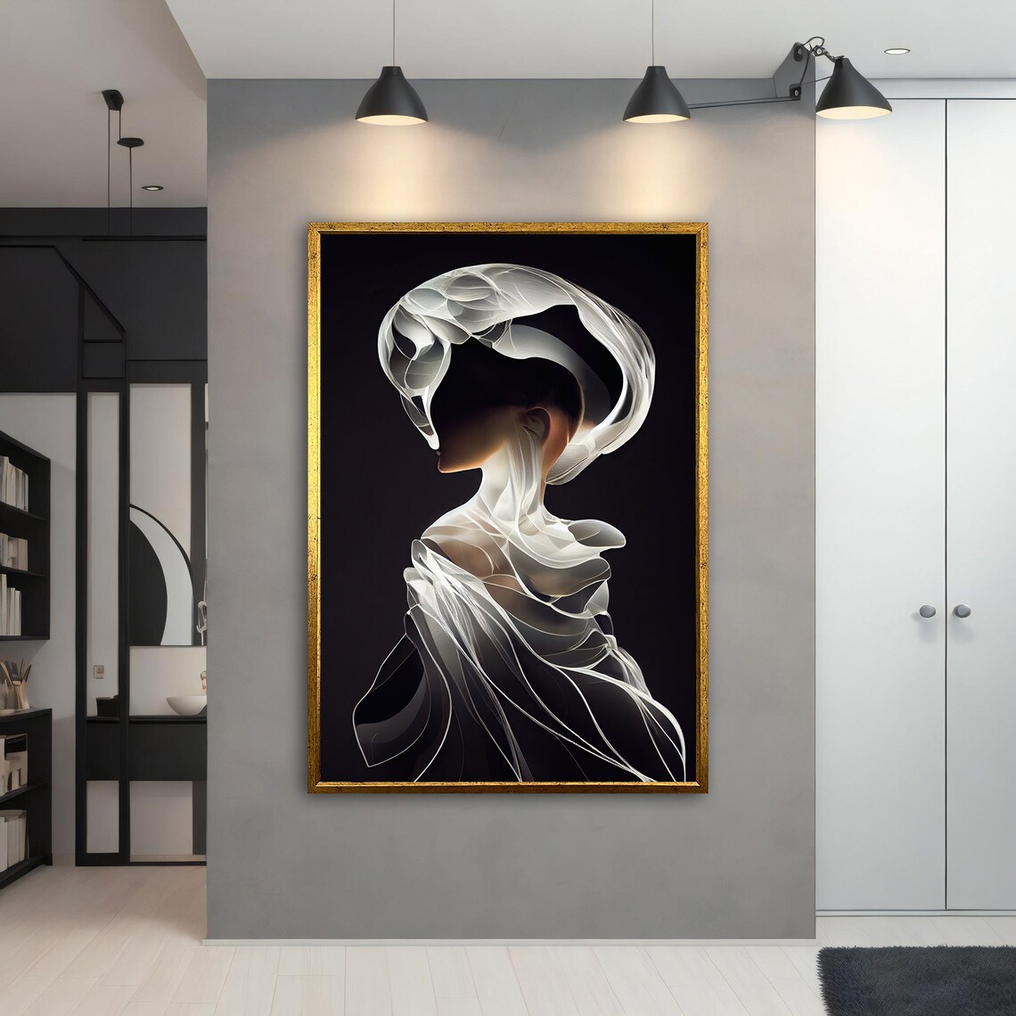 Surreal Veiled Woman Portrait Glowing White Fabric Dark Elegant Art Poster - Image 3