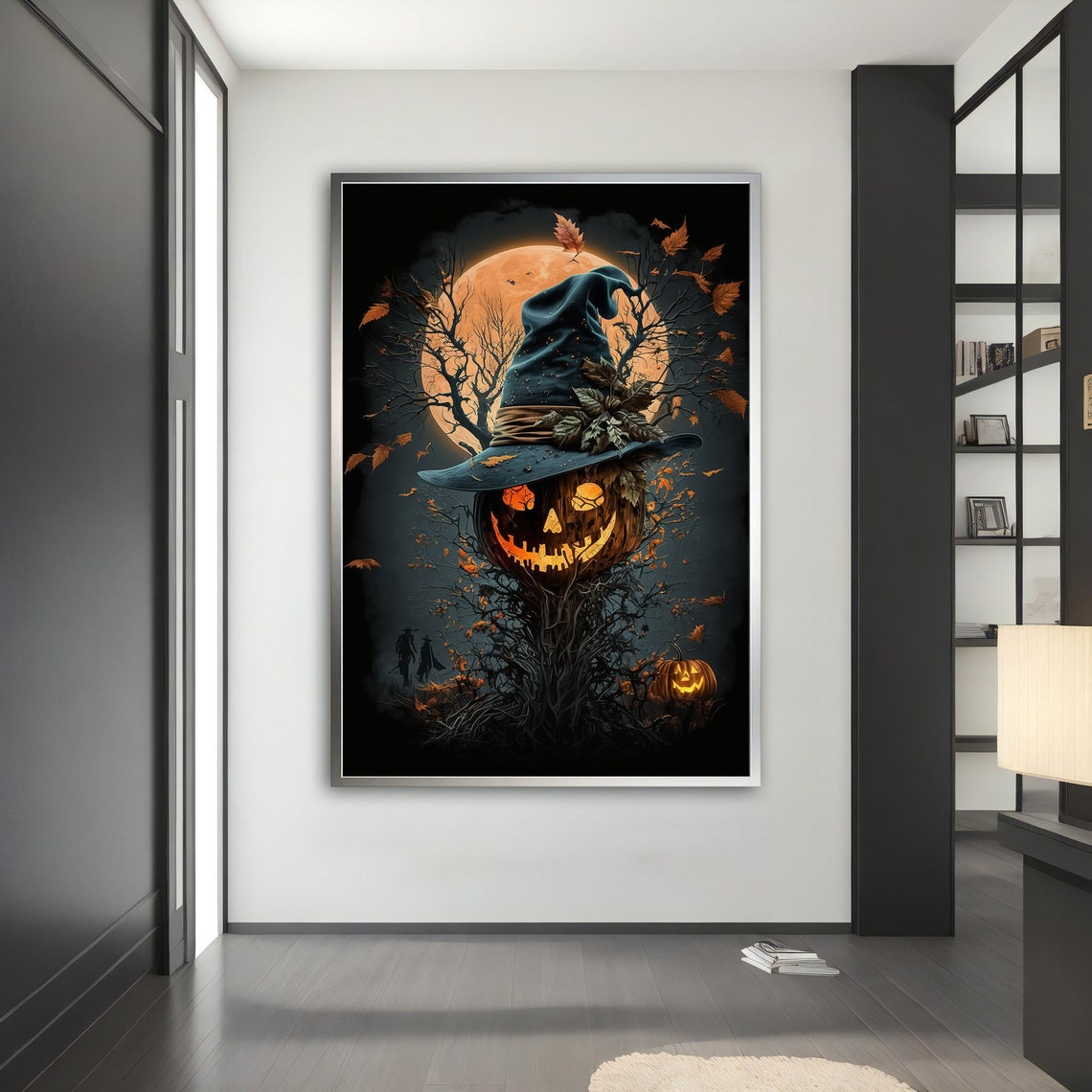 Halloween Pumpkin Scarecrow Witch Hat Full Moon Spooky Wall Art - Image 5