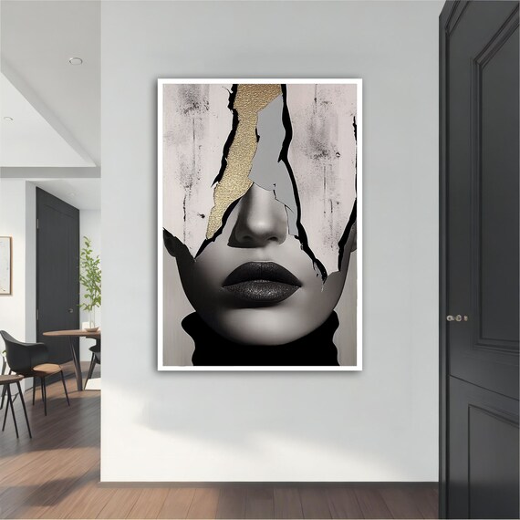 Surreal Cracked Face Woman Gold Leaf Black White Portrait Wall Art