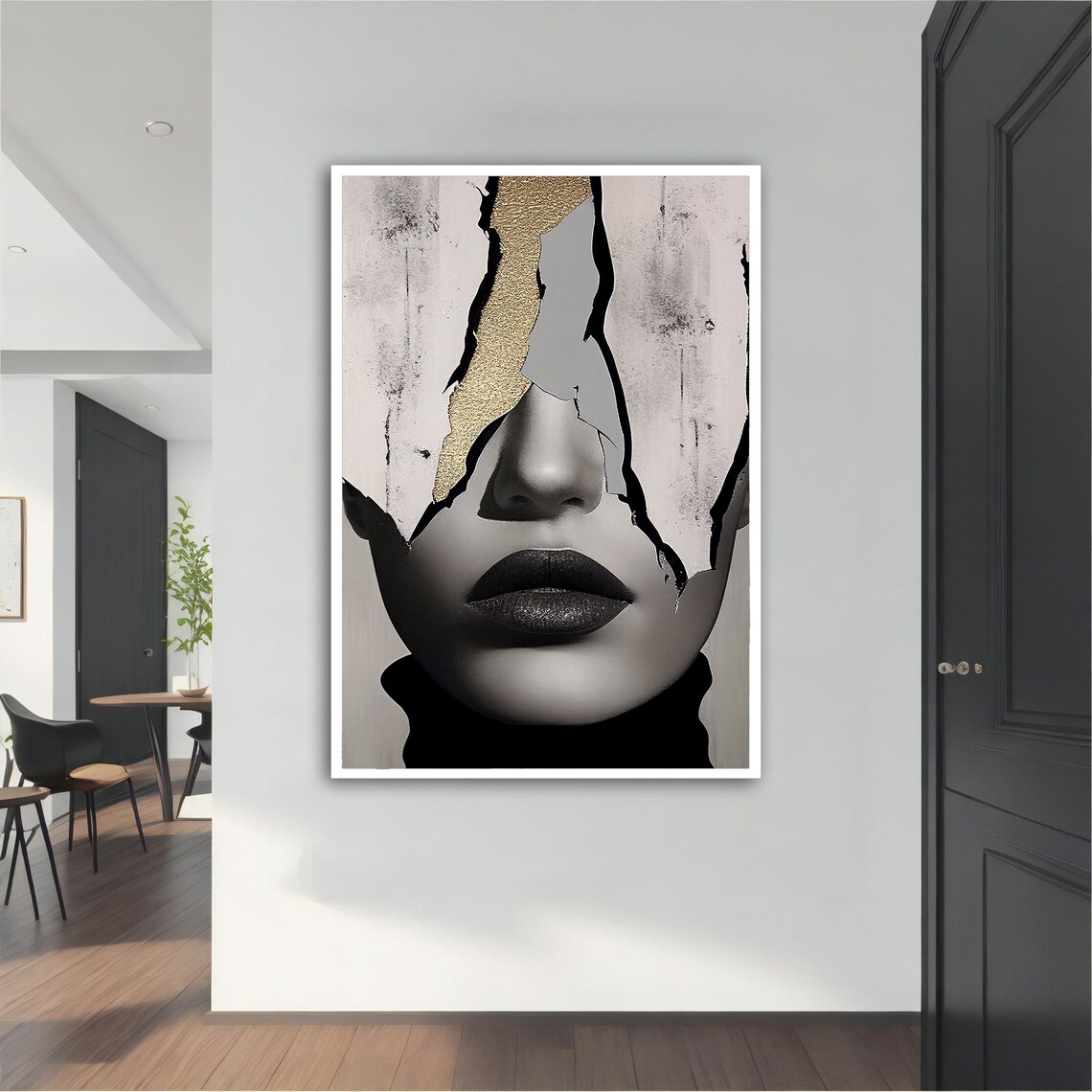 Surreal Cracked Face Woman Gold Leaf Black White Portrait Wall Art