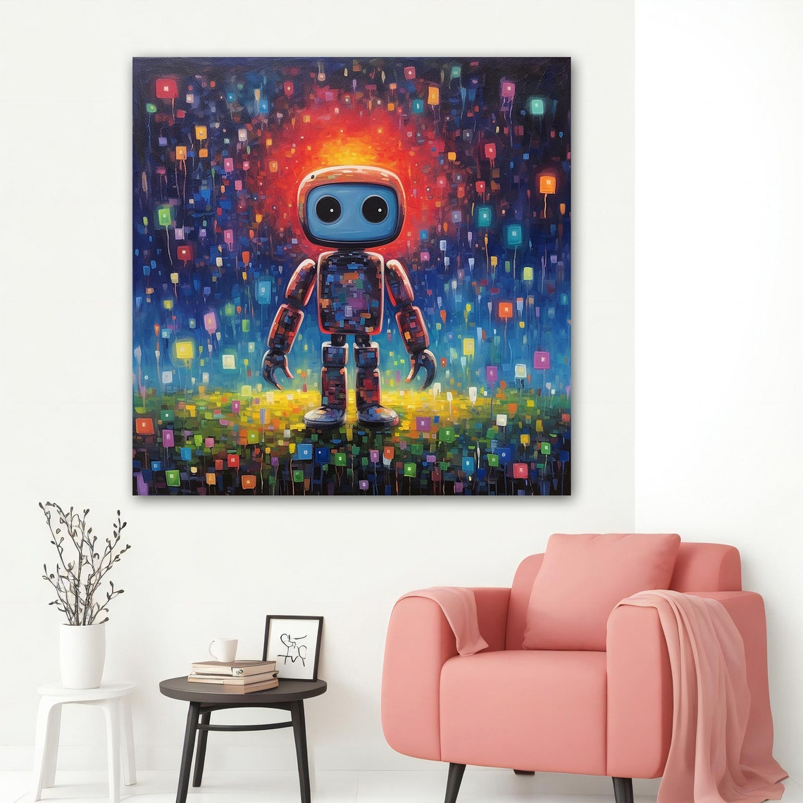 Cute Little Robot Colorful Rain Night Lights Whimsical Art Poster - Image 2