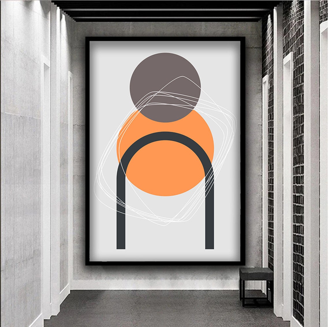 Boho Geometric Line Art Orange Grey Minimalist Circle Arch Print - Image 4