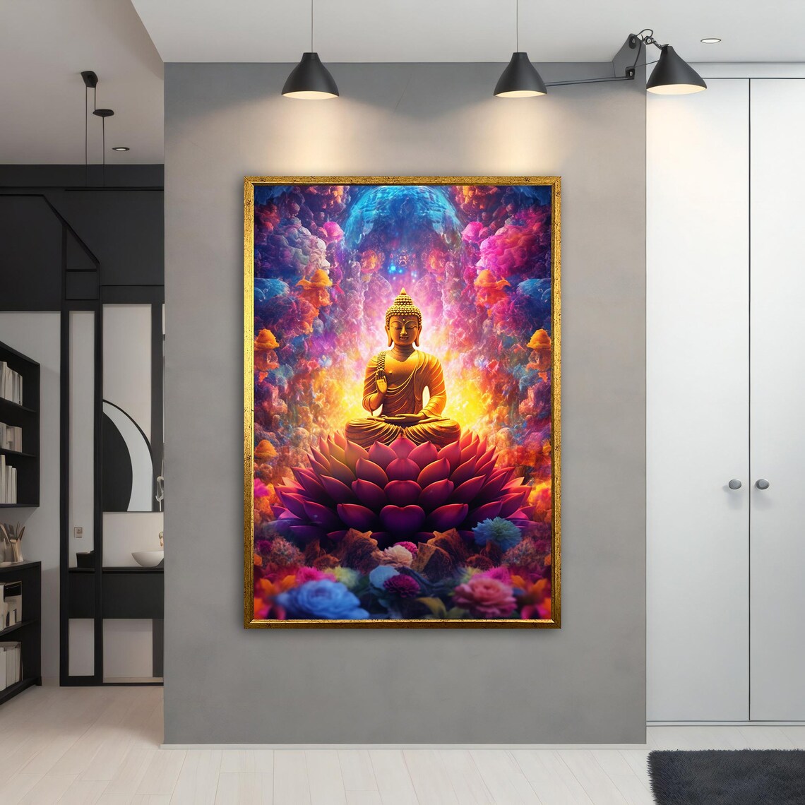 Golden Buddha Meditating on Lotus Cosmic Nebula Vibrant Zen Art Poster - Image 5